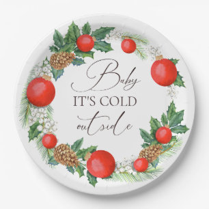 Cold Outside Christmas Wreath Winter Baby Shower Paper Plates