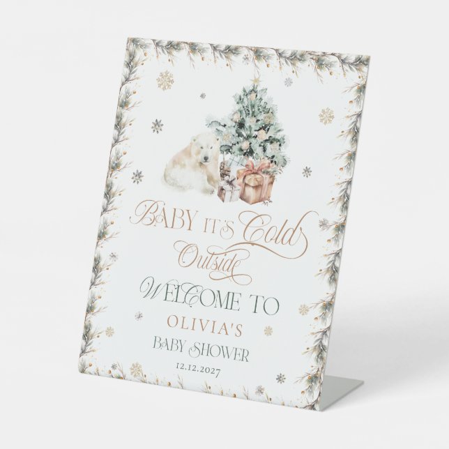 Cold Outside Cute Polar Bear Baby Shower Welcome Pedestal Sign (Front)