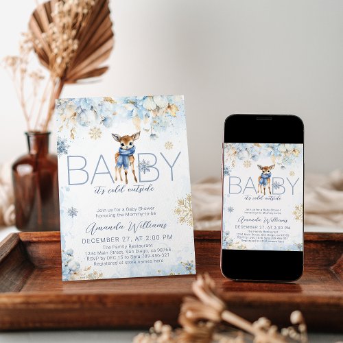 Cold Outside Deer Winter Baby Boy Shower Invitation