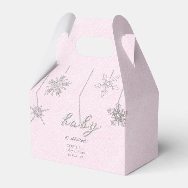 Cold Outside Glitter Snowflakes Pink Baby Shower Favor Boxes (Front Side)