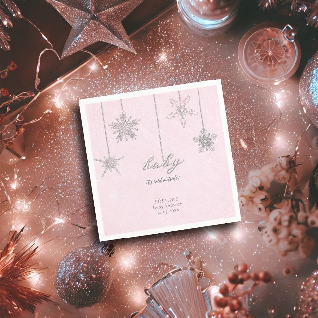 Cold Outside Glitter Snowflakes Pink Baby Shower Napkins (baby cold outside pink christmas girl baby shower personalized napkin snowflakes rhinestones glitter)