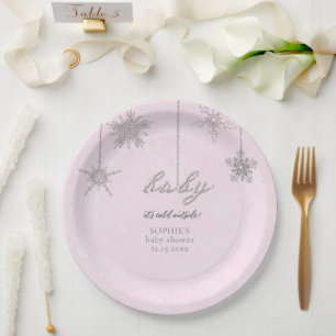 Cold Outside Glitter Snowflakes Pink Baby Shower Paper Plates