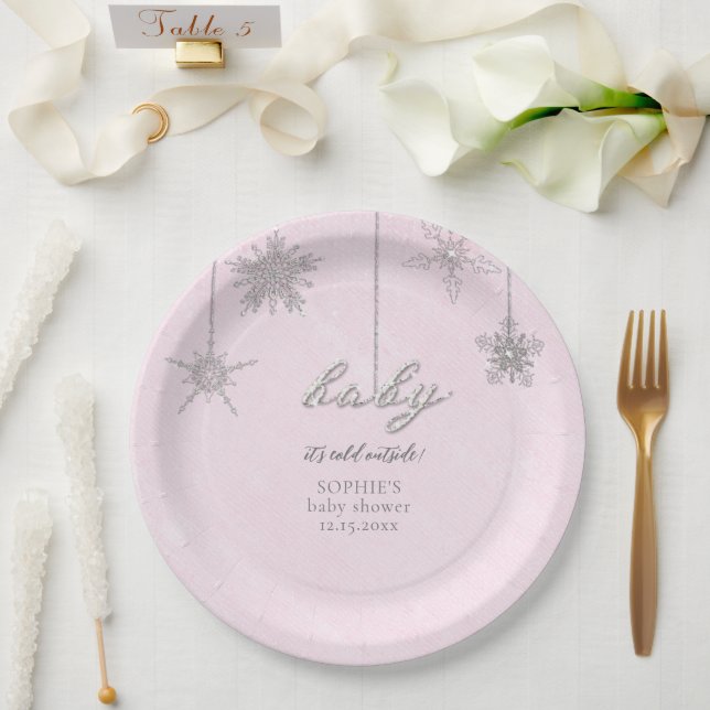 Cold Outside Glitter Snowflakes Pink Baby Shower Paper Plates (Wedding)