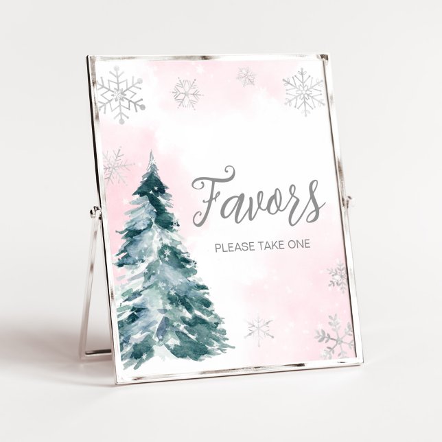 Cold Outside Pink Winter Baby Shower Favors Poster (Pink Silver Pine Tree Baby Shower Favors Sign)
