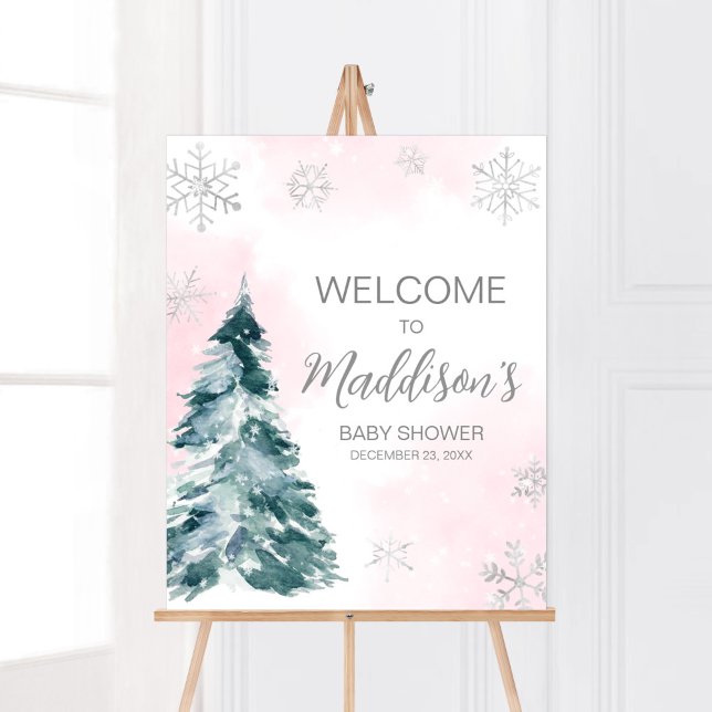 Cold Outside Pink Winter Baby Shower Welcome Poster (Pink Silver Pine Tree Baby Shower Welcome Sign)