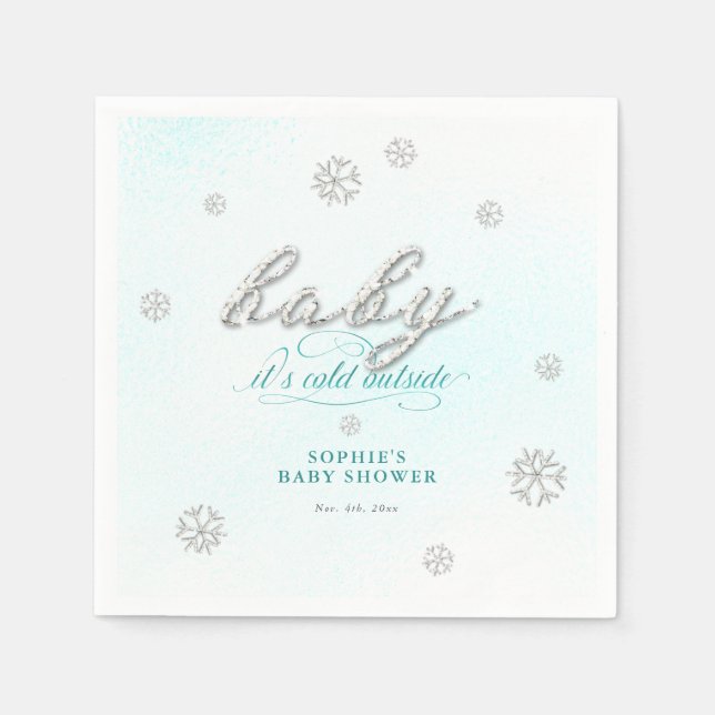 Cold Outside Rhinestone Glitter Winter Baby Shower Napkins (Front)