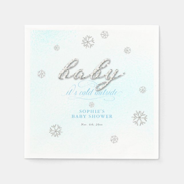 Cold Outside Rhinestone Glitter Winter Baby Shower Napkins (Front)