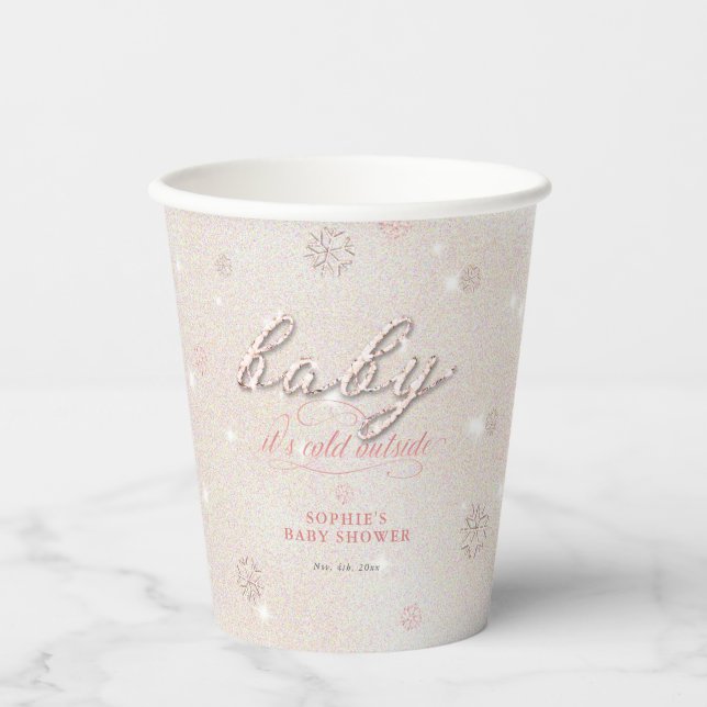 Cold Outside Rhinestone Glitter Winter Baby Shower Paper Cups (Front)