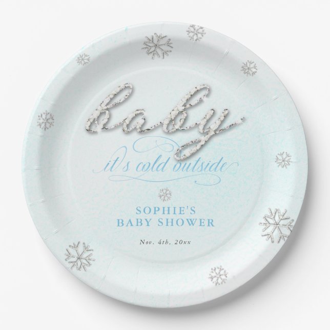 Cold Outside Rhinestone Glitter Winter Baby Shower Paper Plates (Front)