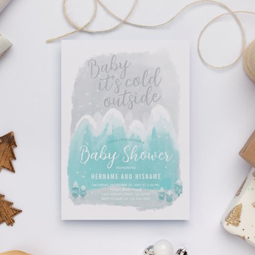 Cold Outside Snow Mountains Blue Baby Shower Invitation