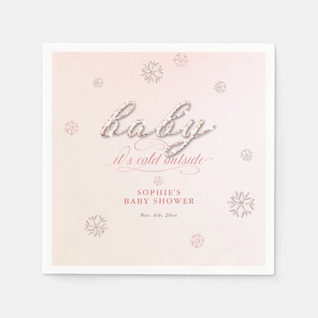 Cold Outside Snowflakes Glitter Winter Baby Shower Napkins (Front)