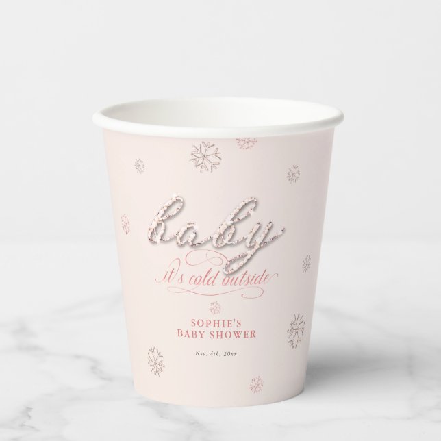Cold Outside Snowflakes Glitter Winter Baby Shower Paper Cups (Front)