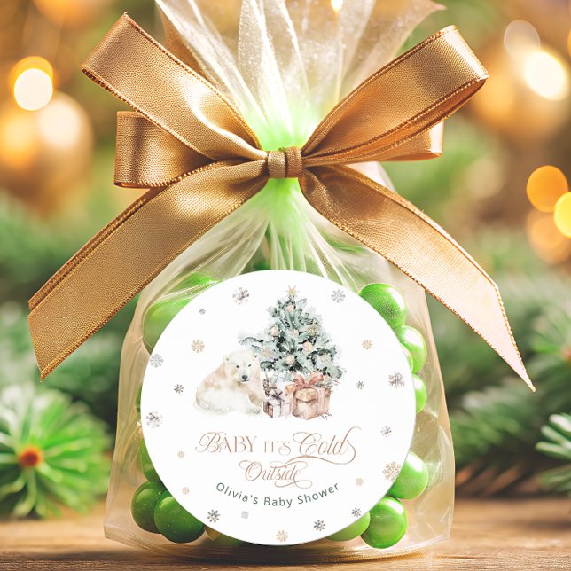 Cold Outside Winter Cute Polar Bear Baby Shower  Classic Round Sticker (Creator Uploaded)