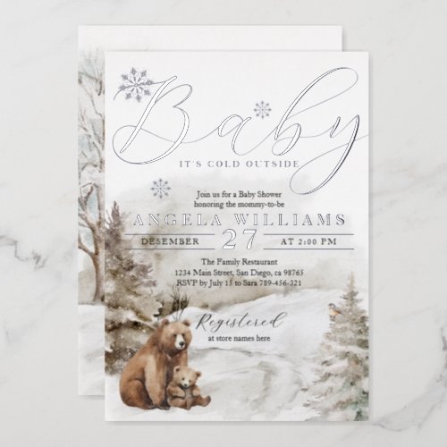 Cold Outside Winter Forest Neutral Baby Shower Foil Invitation