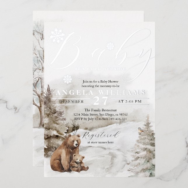 Cold Outside Winter Forest Neutral Baby Shower Foil Invitation (Front/Back)