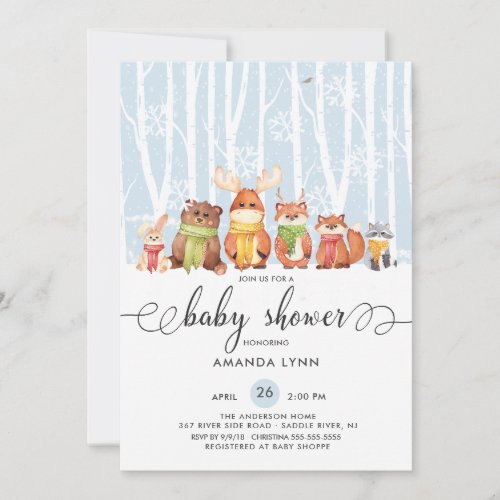 Cold Outside Winter Woodland Animals Baby Shower Invitation