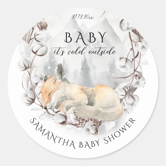 Cold outside Winter Woodland Baby Shower Classic Round Sticker (Front)