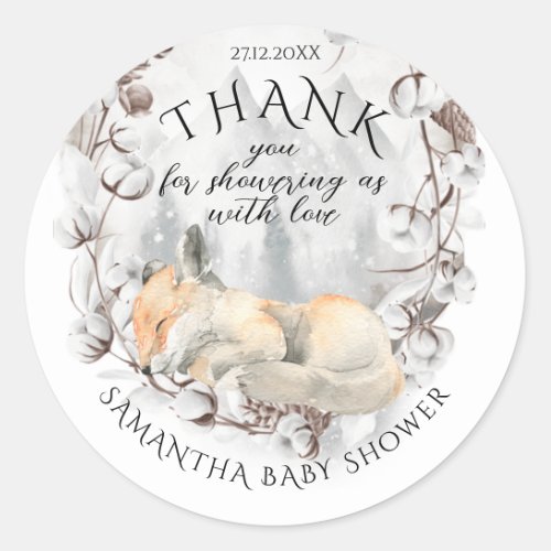 Cold outside Winter Woodland Baby Shower thanks Classic Round Sticker