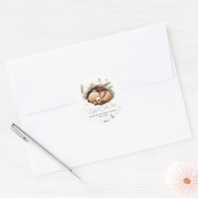 Cold Outside Woodland Bear Winter Baby Shower Classic Round Sticker (Envelope)