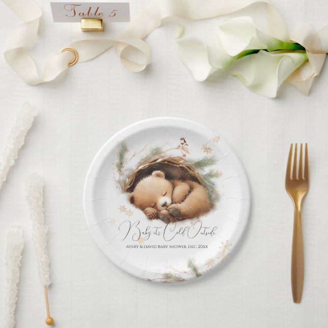 Cold Outside Woodland Bear Winter Baby Shower Paper Plates (Wedding)
