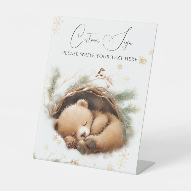 Cold Outside Woodland Bear Winter Baby Shower Pedestal Sign (Front)