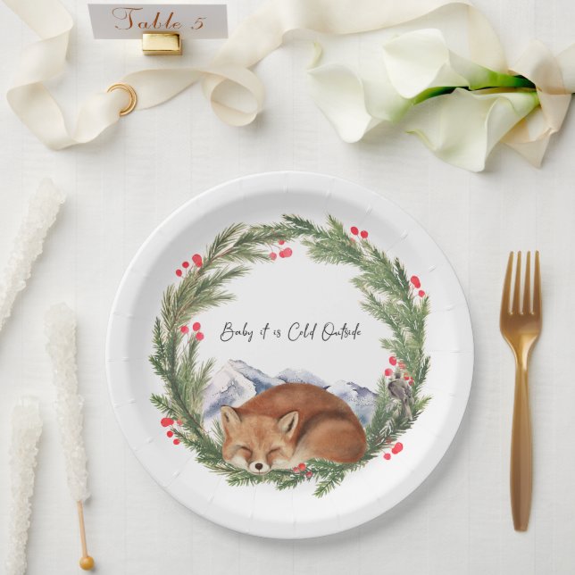 Cold Outside Woodland Fox Winter Baby Shower Paper Plates (Wedding)