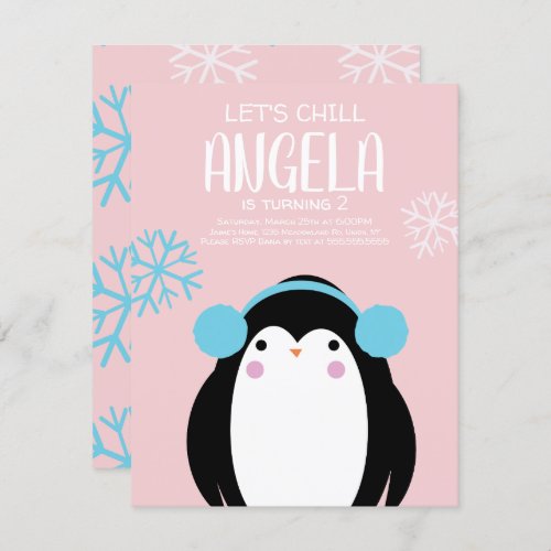 Cold Penguin Snowflakes Winter Birthday Invitation