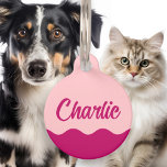 Cold wave Pink burgundy retro name phone number Pet ID Tag<br><div class="desc">Pet ID tag featuring your pet's name in white on a light pink background with the phone number on the back. Fonts and colors are customizable in the design tool.</div>