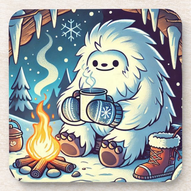 Cold Yeti Warming By The Fire Drink Coaster (Front)