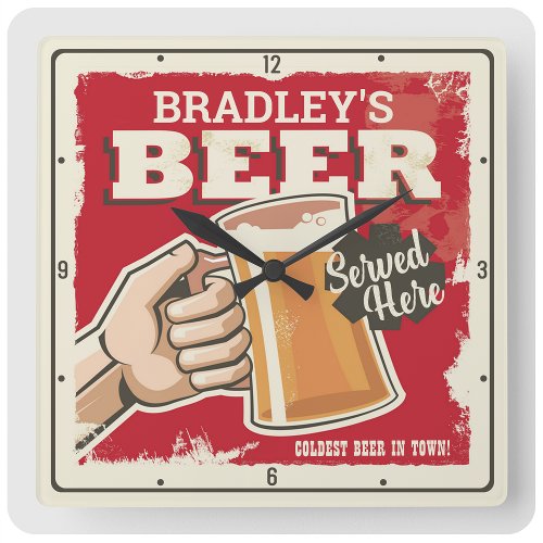 Coldest Beer in Town ADD NAME Home Brew Bar Square Wall Clock