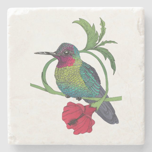 Colibri Bird Illustration Marble Stone Coaster (Front)