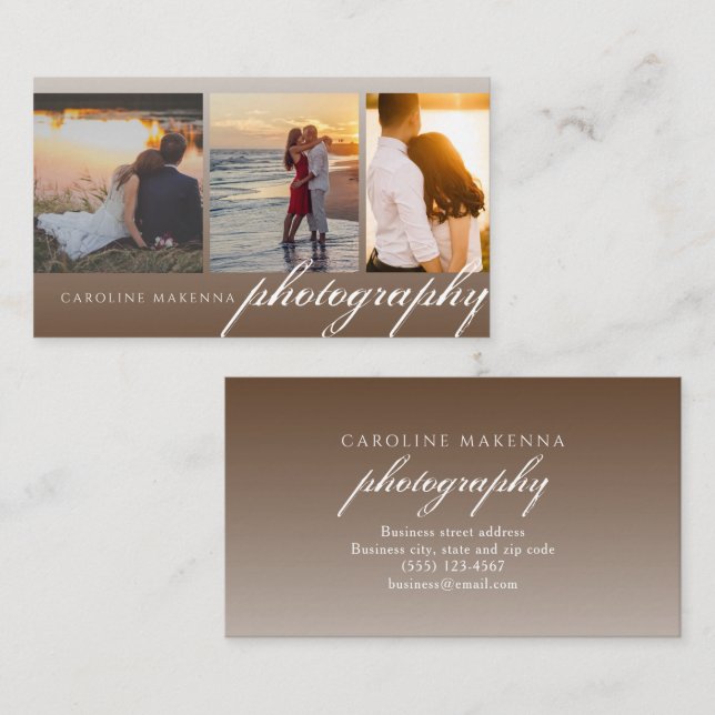 Collage 3-photo Dark Brown Ombre Photography Business Card (Front/Back)