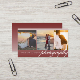 Collage 3-photo Dark Red Ombre Photography Business Card