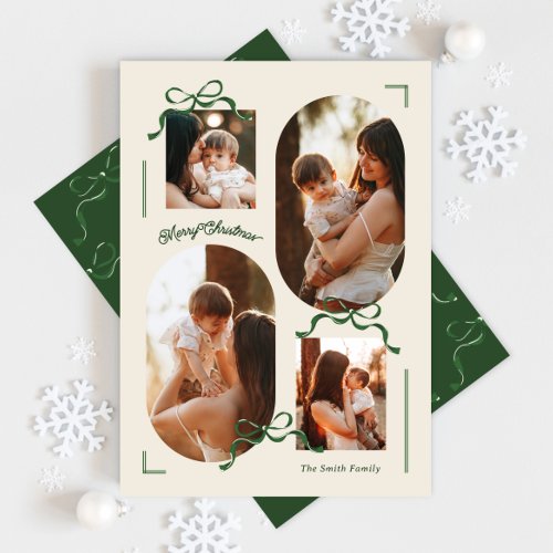 collage 4 photo multi photos Bows Green Oval Photo Holiday Card