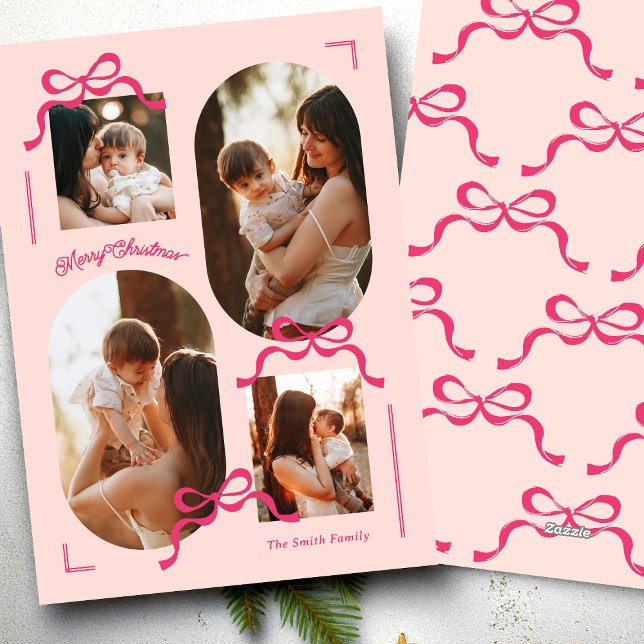 collage 4 photo multi photos pink bows Oval Photo Holiday Card (Creator Uploaded)