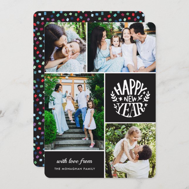 Collage 4 Photo New Year Card | Black (Front/Back)