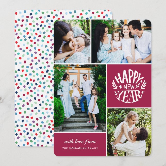 Collage 4 Photo New Year Card | Magenta (Front/Back)