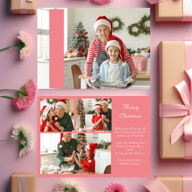 Collage 4 Photos Merry Christmas Red Family Gold Foil Holiday Card (Creator Uploaded)