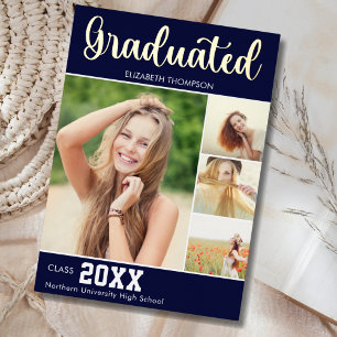 Collage 4 Photos Modern Script Graduation Foil Invitation