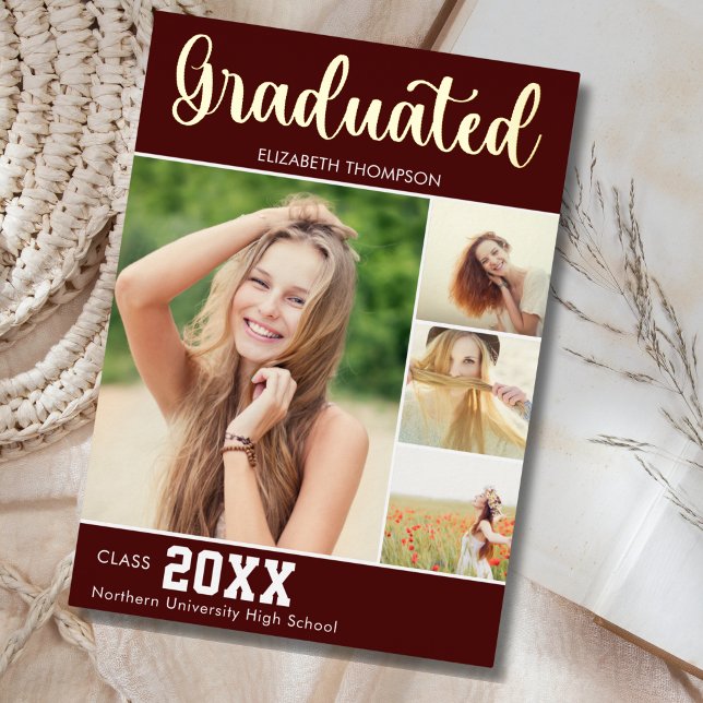 Collage 4 Photos Modern Script Graduation Foil Invitation (Creator Uploaded)