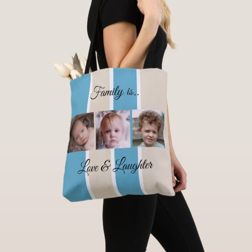 Collage add your own custom photos blue and cream tote bag