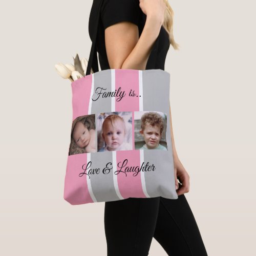 Collage add your own custom photos pink and grey tote bag