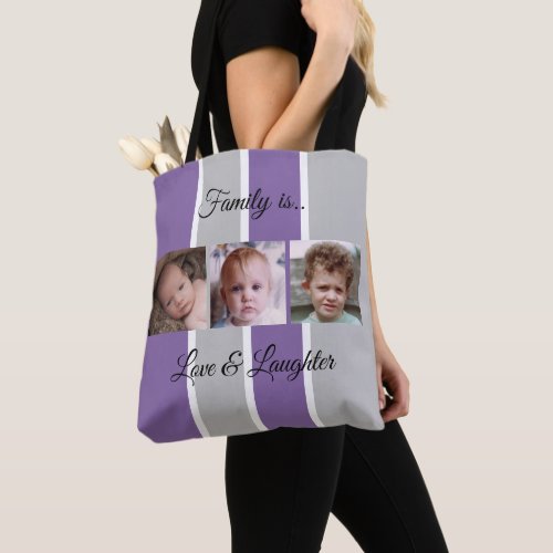 Collage add your own custom photos purple and grey tote bag