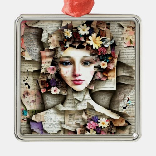 Collage Art  A Pretty Girl made of Book Pages Metal Ornament