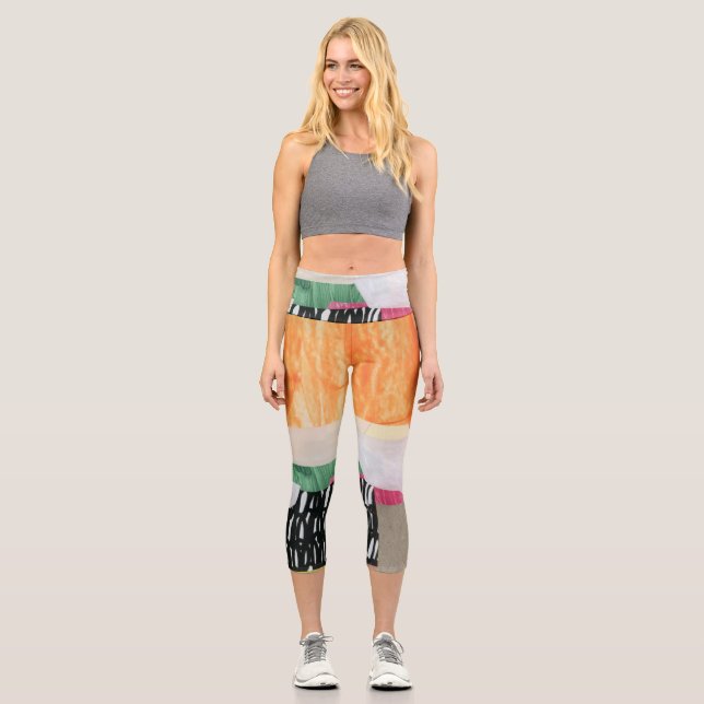 Collage art, modern colorful abstract. capri leggings (Front)