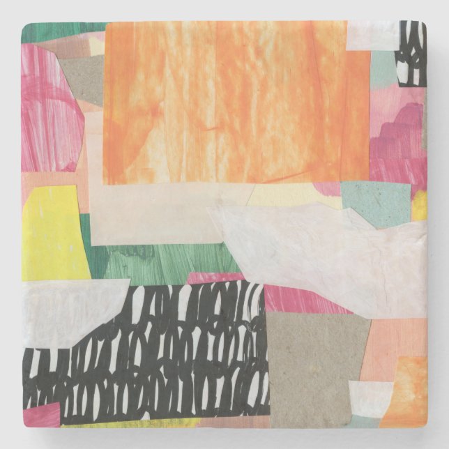 Collage art, modern colorful abstract. stone coaster (Front)