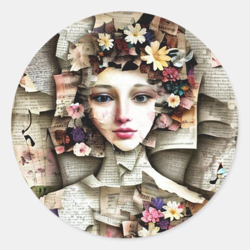 Collage Art  Pretty Girl made out of Book Pages Classic Round Sticker