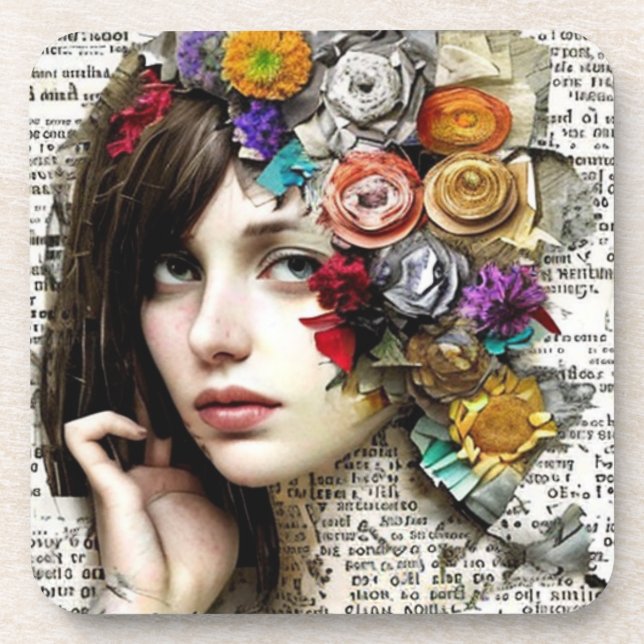 Collage Art | Pretty Girl with Flowers in her Hair Beverage Coaster (Front)