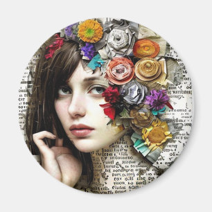 Collage Art Pretty Girl with Flowers in her Hair Magnet