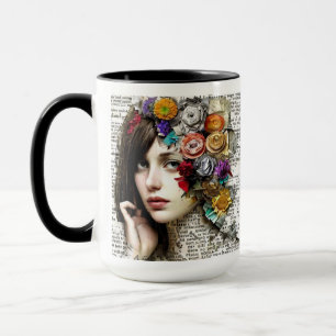 Collage Art Pretty Girl with Flowers in her Hair Mug